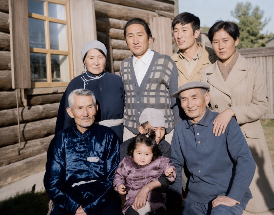 Restored color photo of a family outside a log house