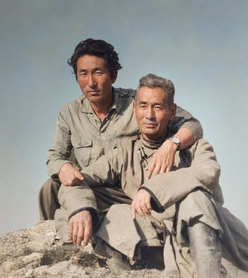 Restored color photo of two men sitting together on a rock, with clear faces and blue sky